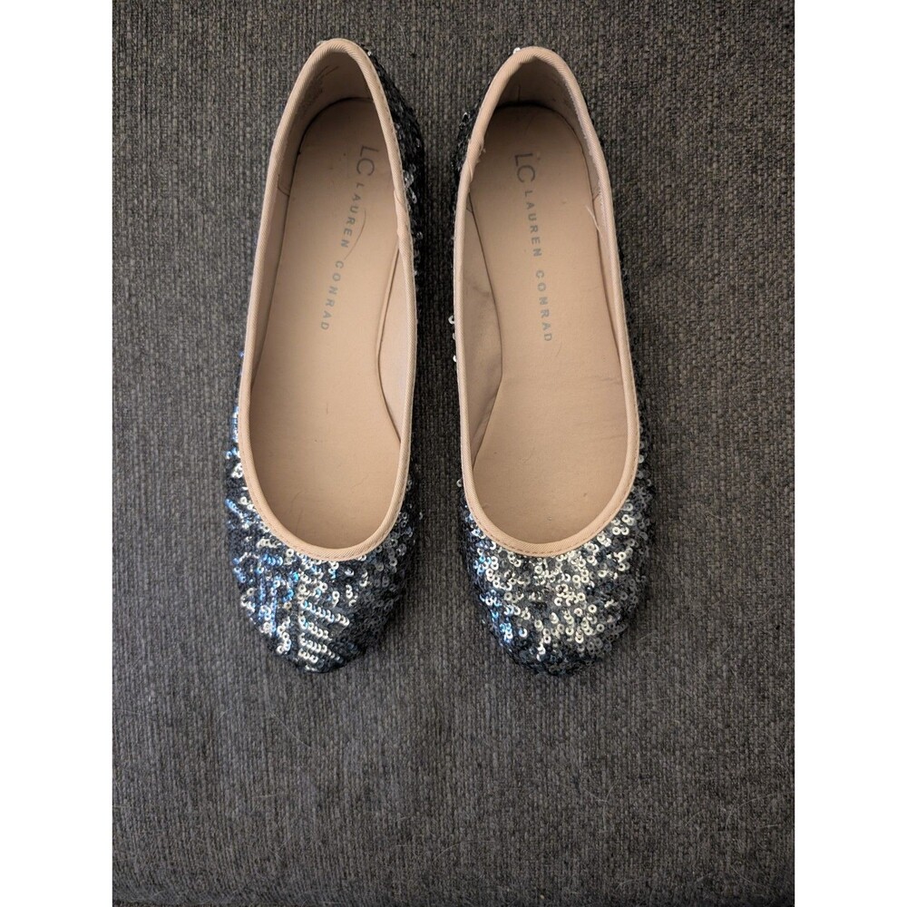 LC Lauren Conrad Women’s Size 7 Sequin Ballet Flats Silver Black Sparkle Slip On